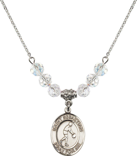 Sterling Silver Saint Sebastian/Basketball Birthstone Necklace with Crystal Beads - 8163