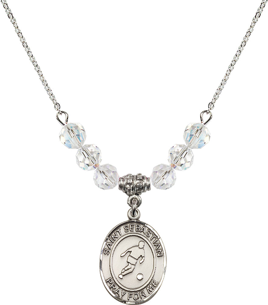 Sterling Silver Saint Sebastian/Soccer Birthstone Necklace with Crystal Beads - 8164