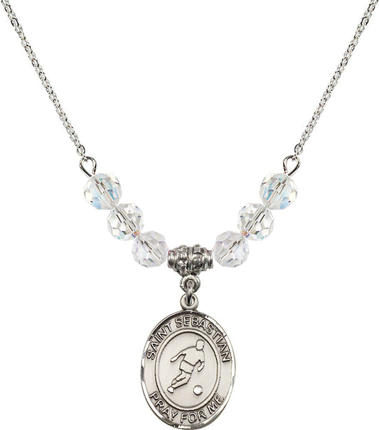 Sterling Silver Saint Sebastian/Soccer Birthstone Necklace with Crystal Beads - 8164