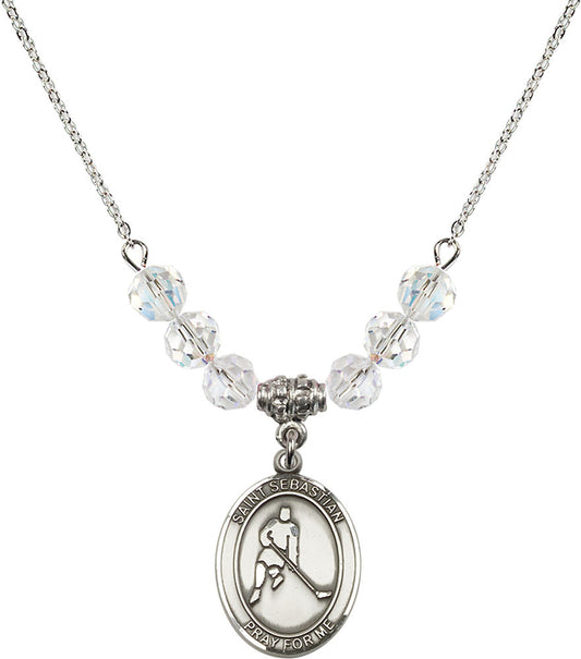 Sterling Silver Saint Sebastian/Ice Hockey Birthstone Necklace with Crystal Beads - 8165