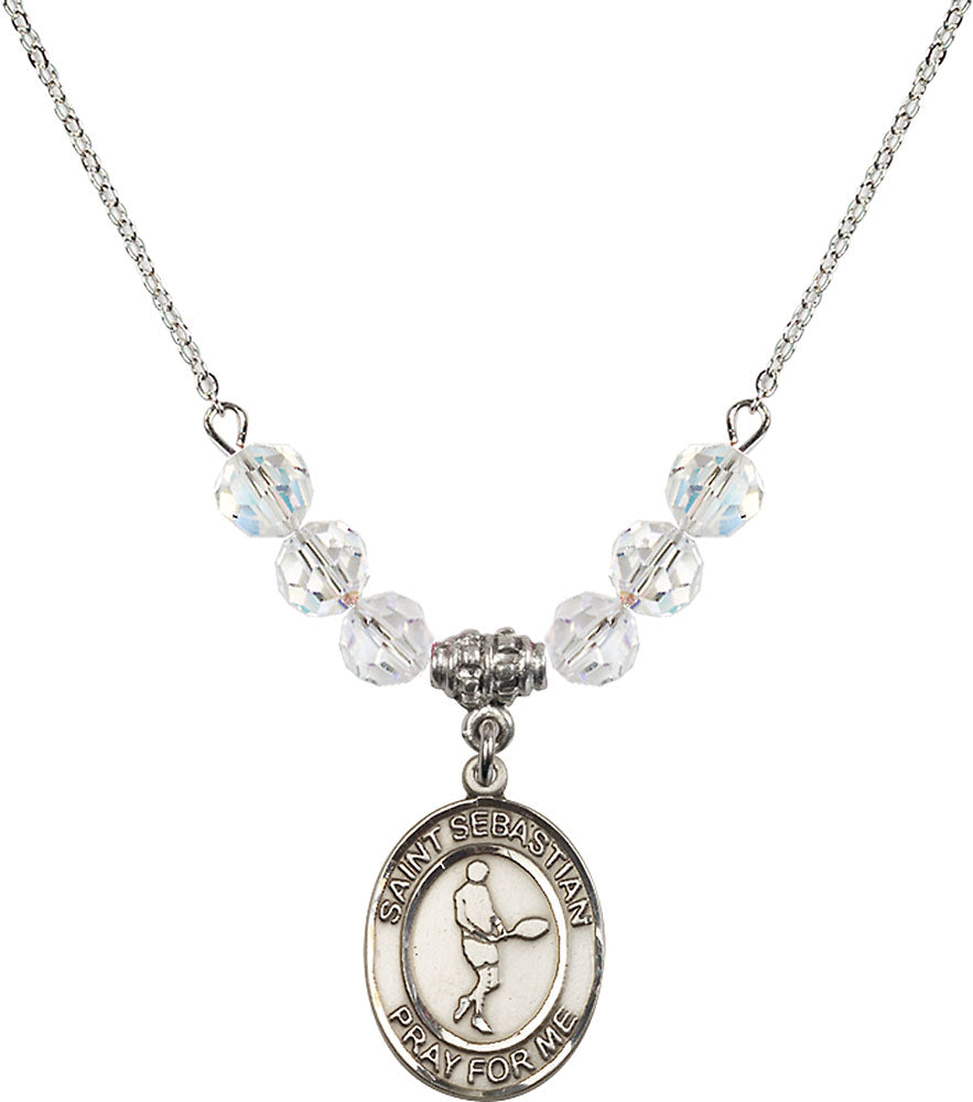 Sterling Silver Saint Sebastian/Tennis Birthstone Necklace with Crystal Beads - 8166