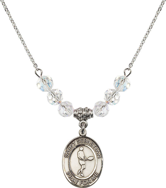 Sterling Silver Saint Sebastian/Tennis Birthstone Necklace with Crystal Beads - 8166