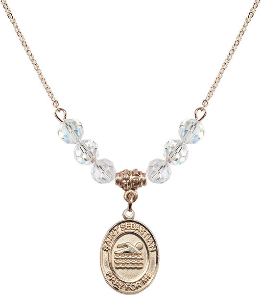 14kt Gold Filled Saint Sebastian/Swimming Birthstone Necklace with Crystal Beads - 8167