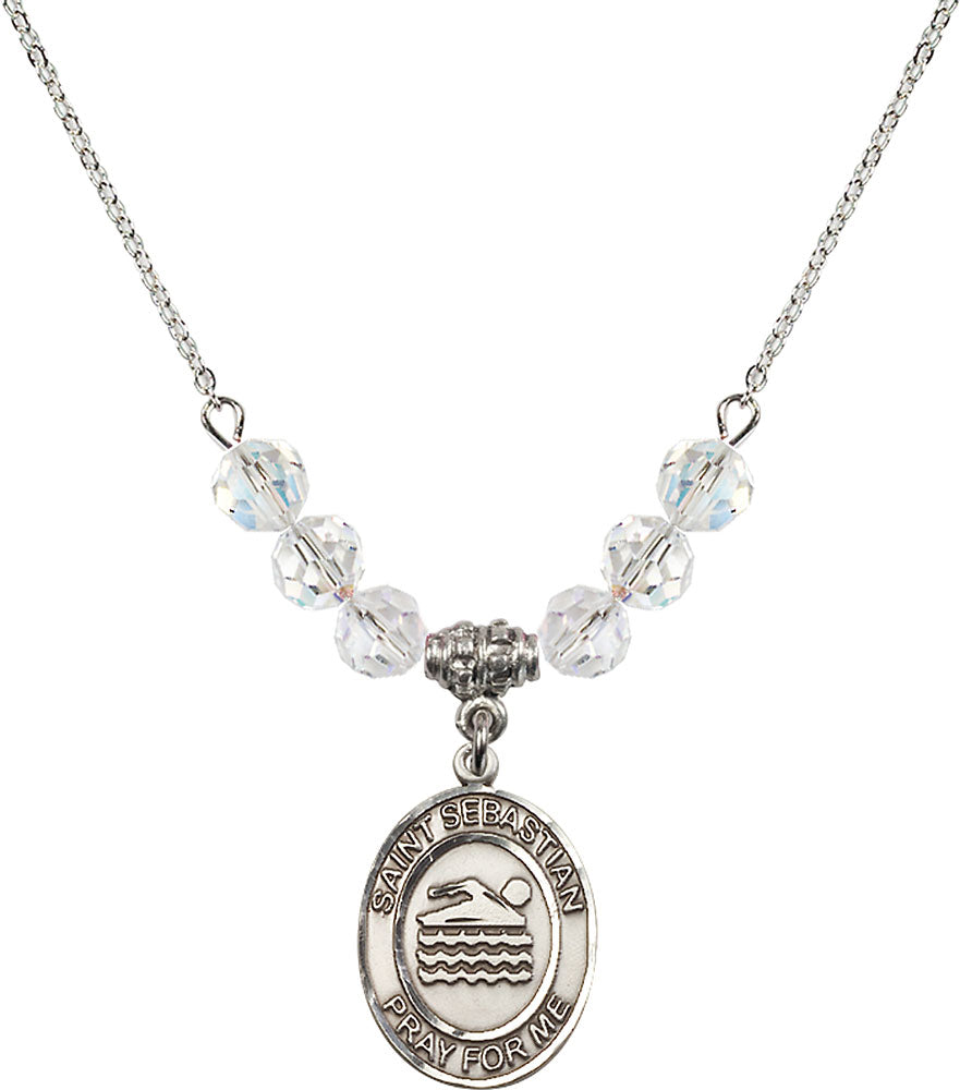 Sterling Silver Saint Sebastian/Swimming Birthstone Necklace with Crystal Beads - 8167