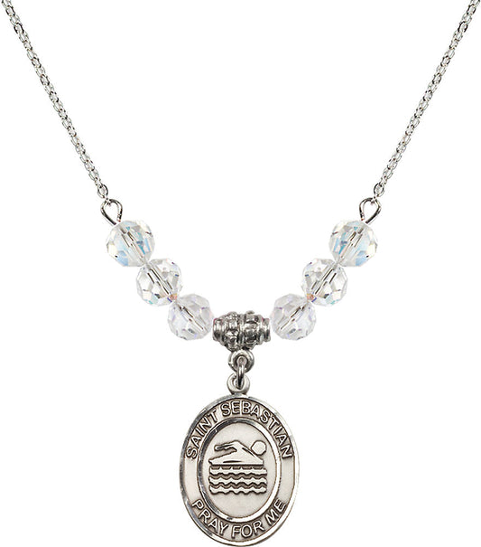 Sterling Silver Saint Sebastian/Swimming Birthstone Necklace with Crystal Beads - 8167