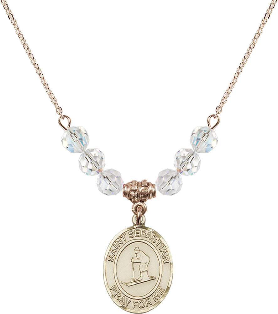14kt Gold Filled Saint Sebastian/Skiing Birthstone Necklace with Crystal Beads - 8169