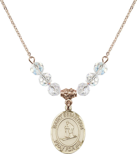 14kt Gold Filled Saint Sebastian/Skiing Birthstone Necklace with Crystal Beads - 8169