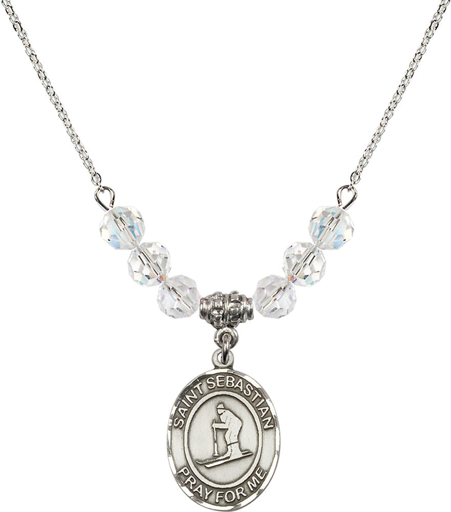 Sterling Silver Saint Sebastian/Skiing Birthstone Necklace with Crystal Beads - 8169