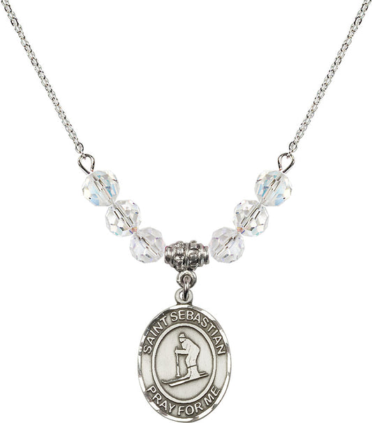 Sterling Silver Saint Sebastian/Skiing Birthstone Necklace with Crystal Beads - 8169