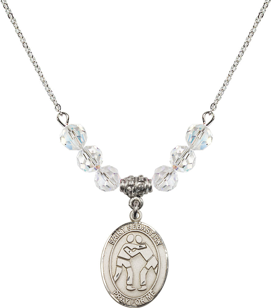 Sterling Silver Saint Sebastian/Wrestling Birthstone Necklace with Crystal Beads - 8171