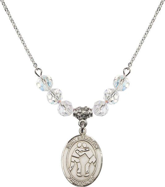 Sterling Silver Saint Sebastian/Wrestling Birthstone Necklace with Crystal Beads - 8171