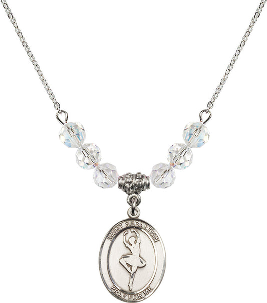 Sterling Silver Saint Sebastian/Dance Birthstone Necklace with Crystal Beads - 8173