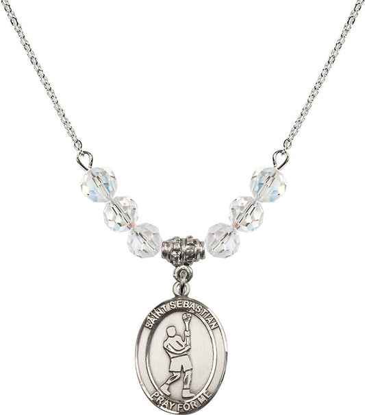 Sterling Silver Saint Sebastian/Lacrosse Birthstone Necklace with Crystal Beads - 8174