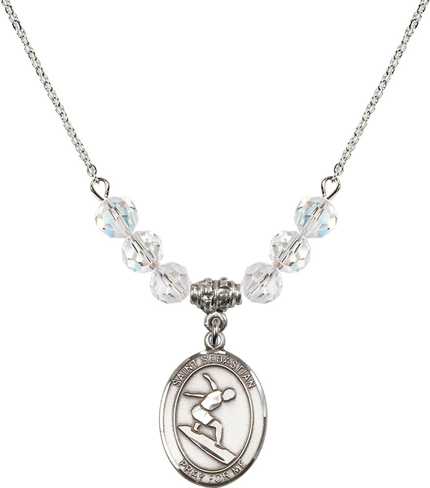 Sterling Silver Saint Sebastian/Surfing Birthstone Necklace with Crystal Beads - 8175