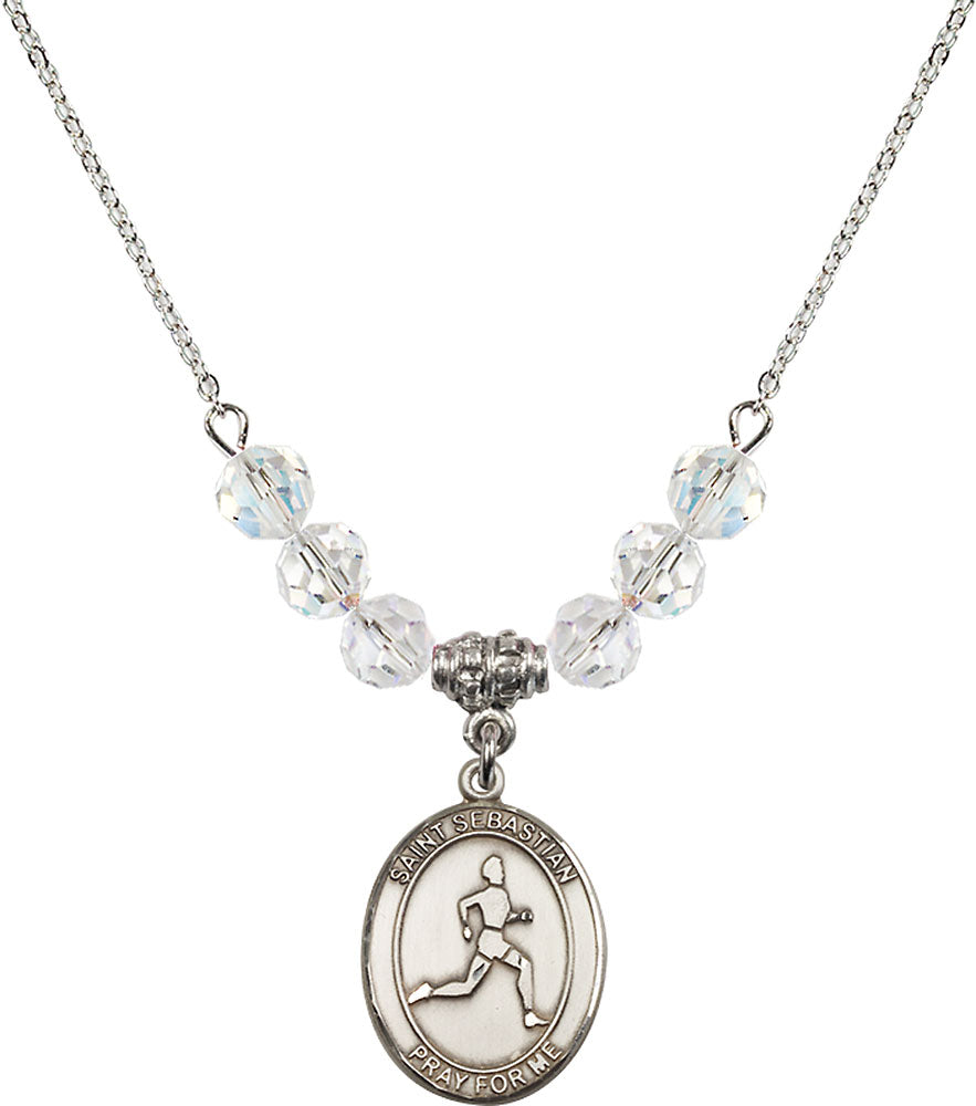 Sterling Silver Saint Sebastian/Track & Field Birthstone Necklace with Crystal Beads - 8176