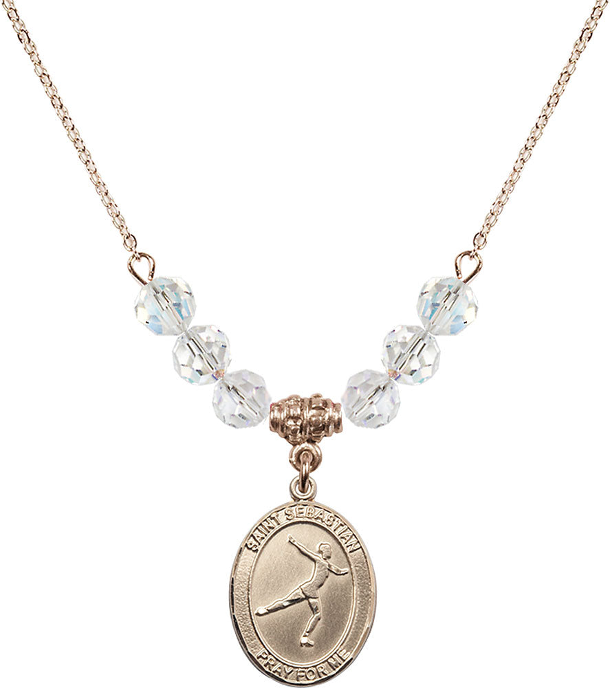 14kt Gold Filled Saint Sebastian/Figure Skating Birthstone Necklace with Crystal Beads - 8177