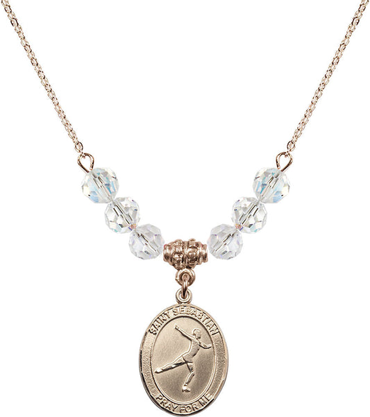 14kt Gold Filled Saint Sebastian/Figure Skating Birthstone Necklace with Crystal Beads - 8177