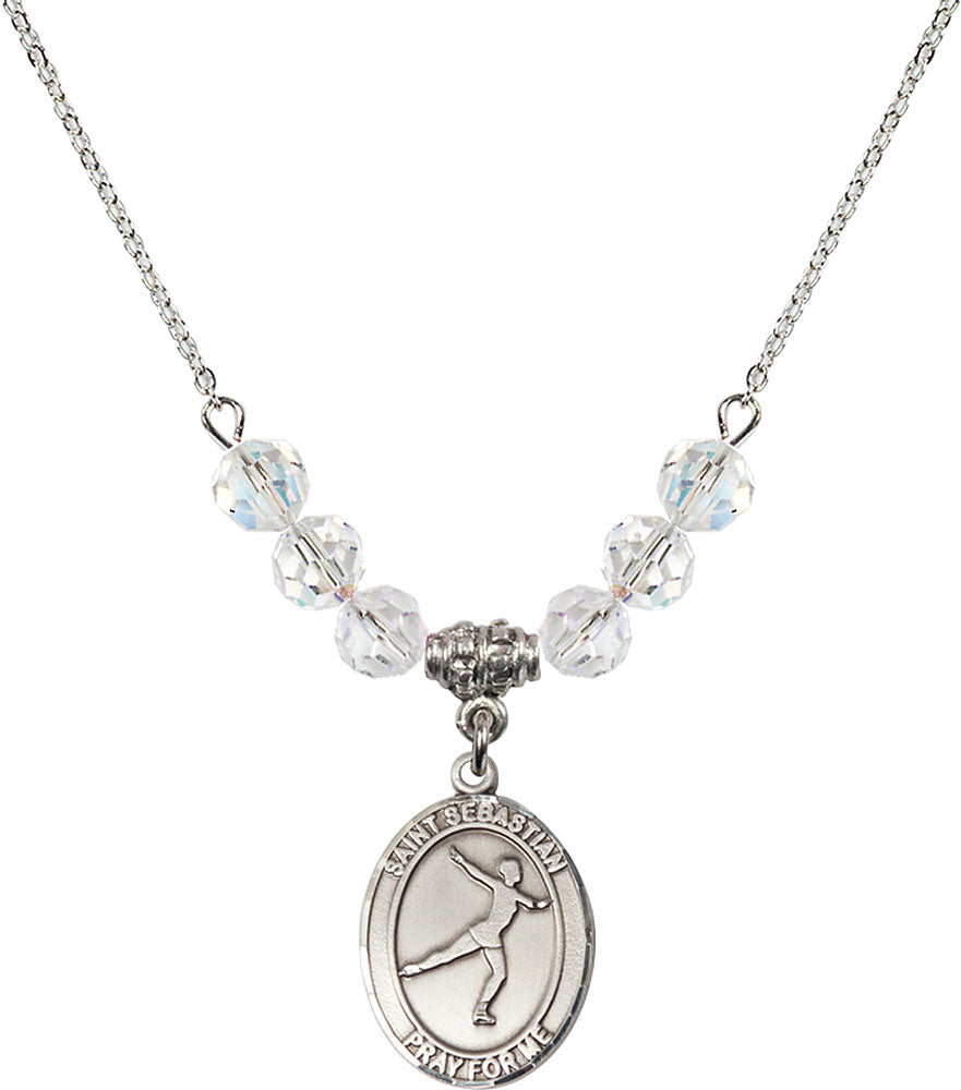 Sterling Silver Saint Sebastian/Figure Skating Birthstone Necklace with Crystal Beads - 8177