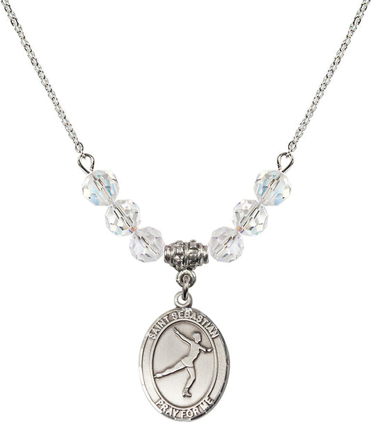 Sterling Silver Saint Sebastian/Figure Skating Birthstone Necklace with Crystal Beads - 8177