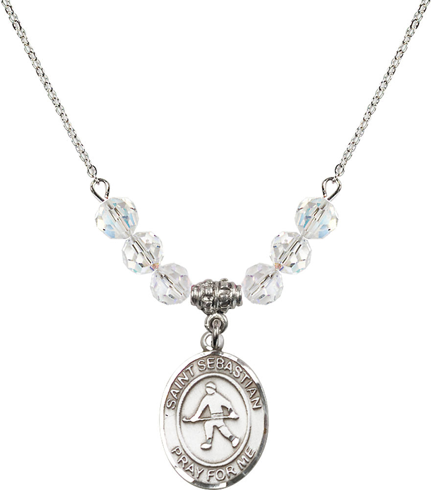 Sterling Silver Saint Sebastian/Field Hockey Birthstone Necklace with Crystal Beads - 8178