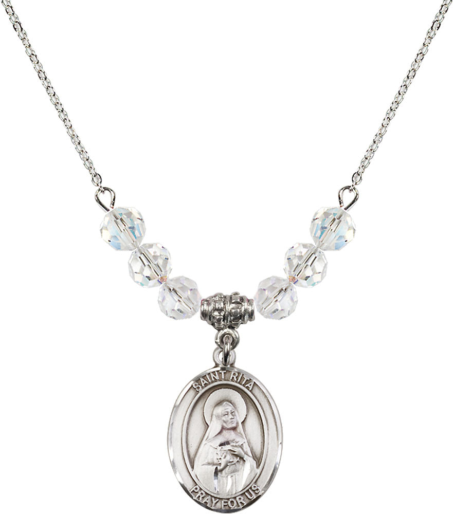 Sterling Silver Saint Rita / Baseball Birthstone Necklace with Crystal Beads - 8181