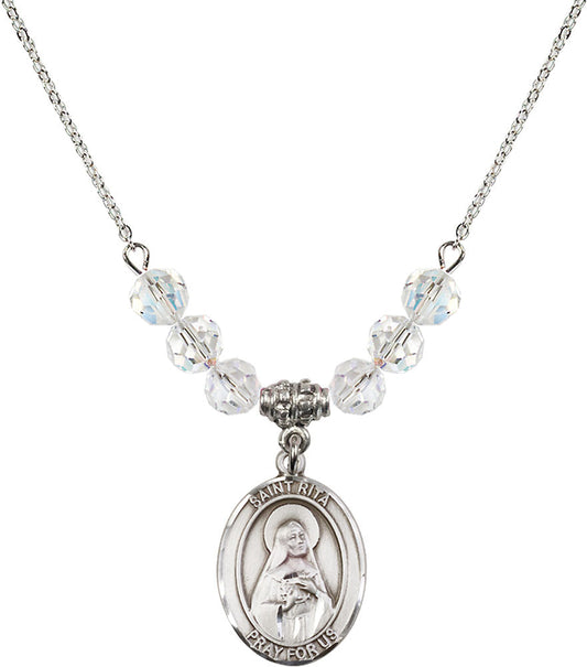 Sterling Silver Saint Rita / Baseball Birthstone Necklace with Crystal Beads - 8181
