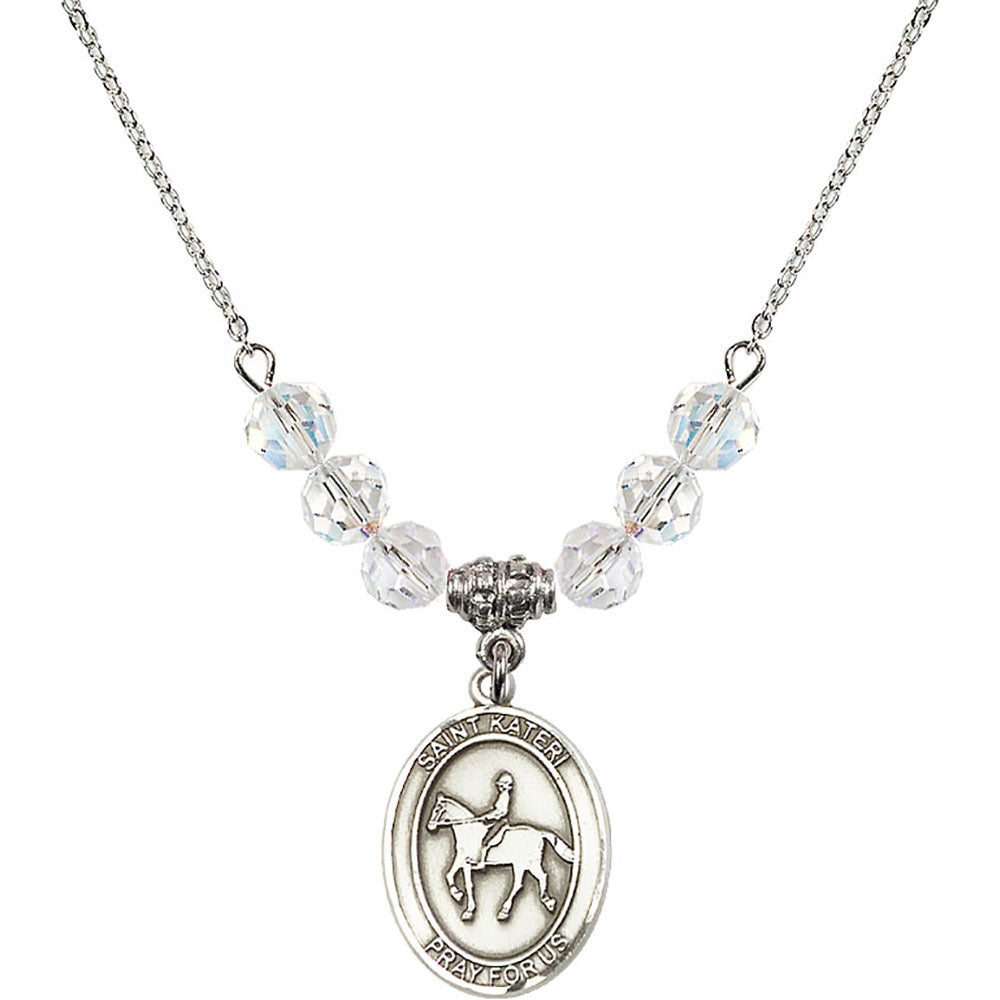 Sterling Silver Saint Kateri/Equestrian Birthstone Necklace with Crystal Beads - 8182
