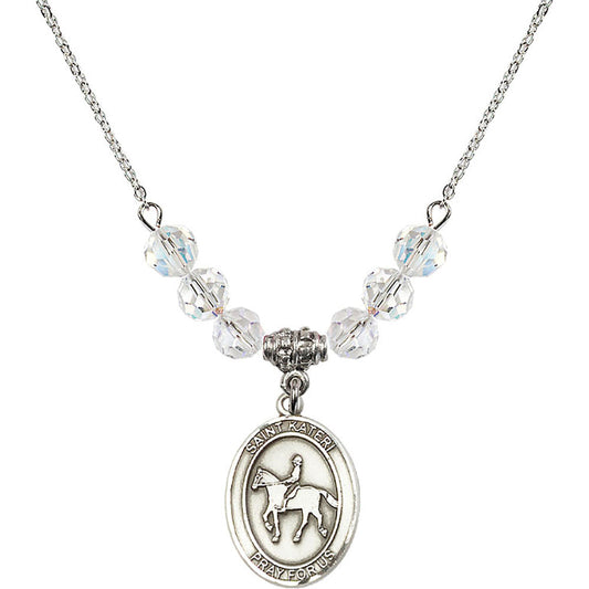 Sterling Silver Saint Kateri/Equestrian Birthstone Necklace with Crystal Beads - 8182
