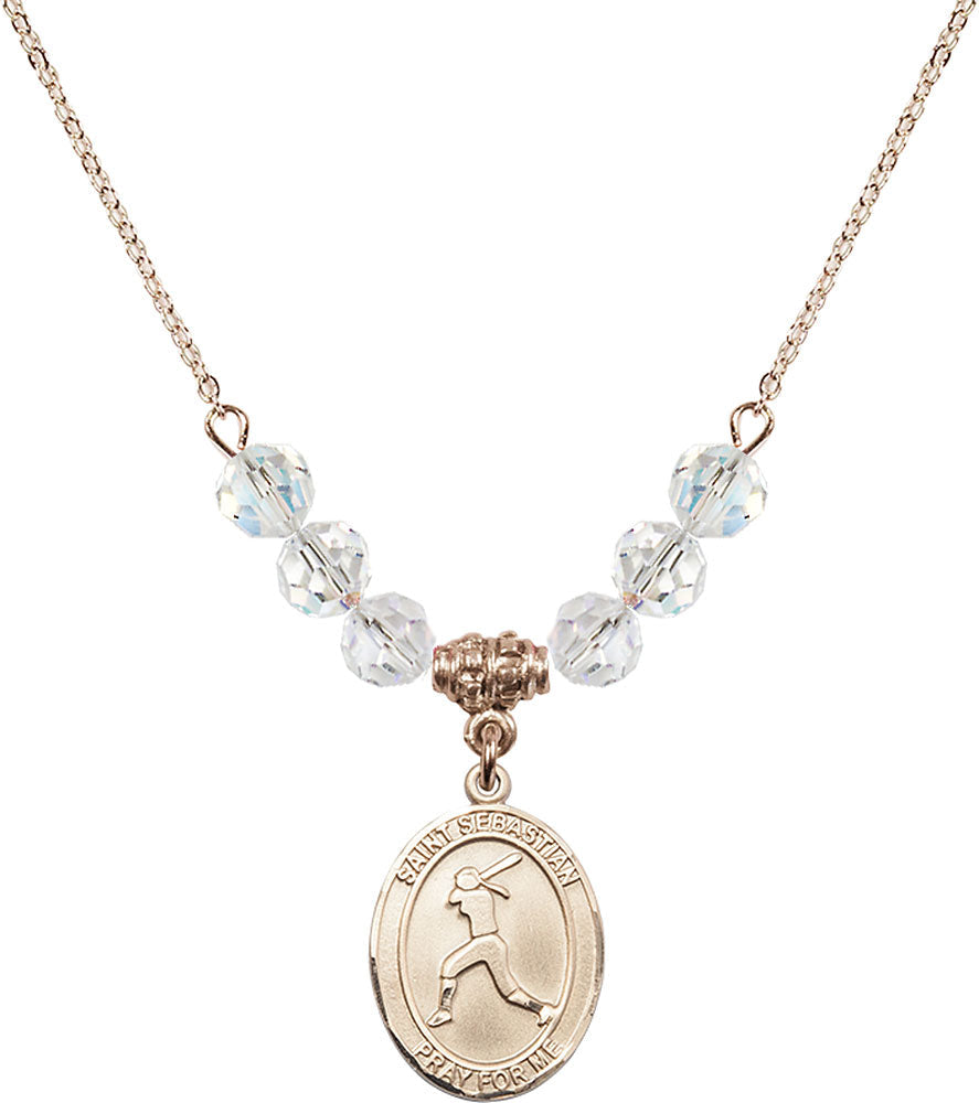 14kt Gold Filled Saint Sebastian / Softball Birthstone Necklace with Crystal Beads - 8183