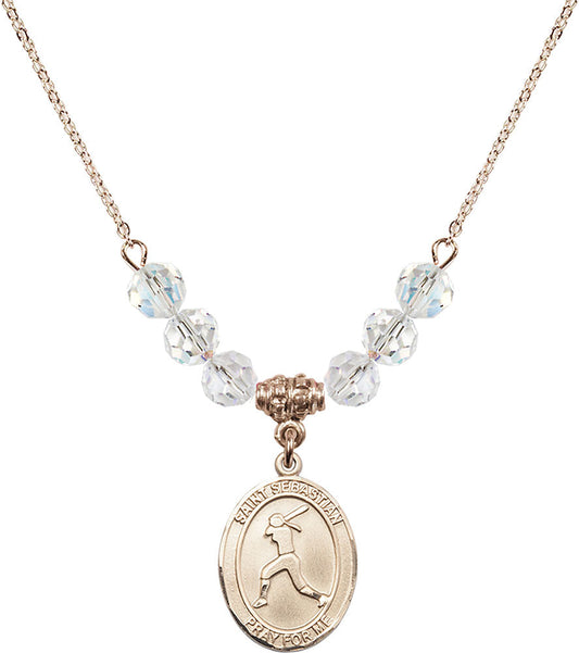14kt Gold Filled Saint Sebastian / Softball Birthstone Necklace with Crystal Beads - 8183