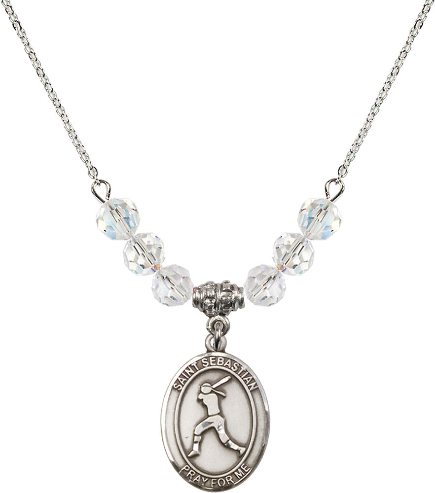 Sterling Silver Saint Sebastian / Softball Birthstone Necklace with Crystal Beads - 8183