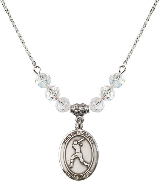 Sterling Silver Saint Sebastian / Softball Birthstone Necklace with Crystal Beads - 8183