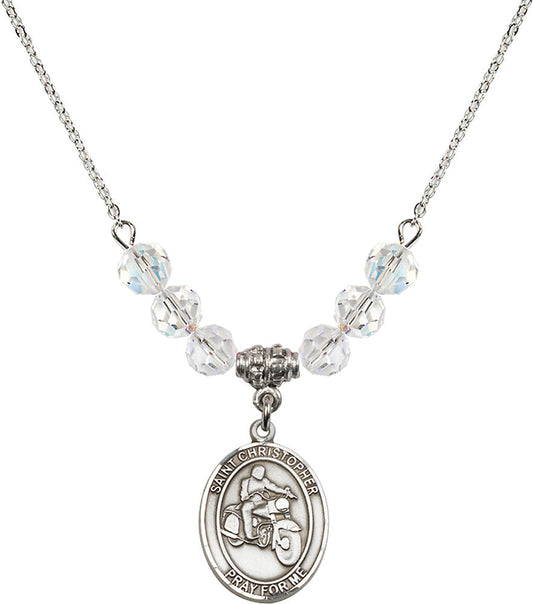 Sterling Silver Saint Christopher/Motorcycle Birthstone Necklace with Crystal Beads - 8185