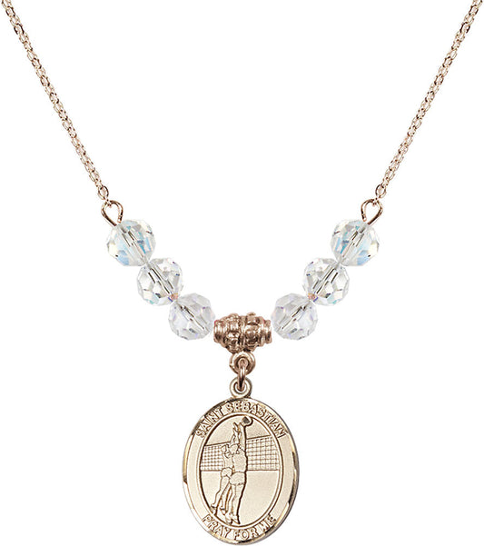 14kt Gold Filled Saint Sebastian / Volleyball Birthstone Necklace with Crystal Beads - 8186