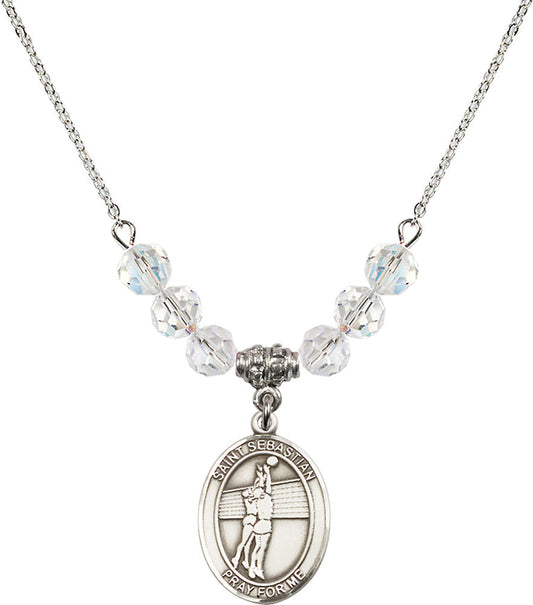 Sterling Silver Saint Sebastian / Volleyball Birthstone Necklace with Crystal Beads - 8186