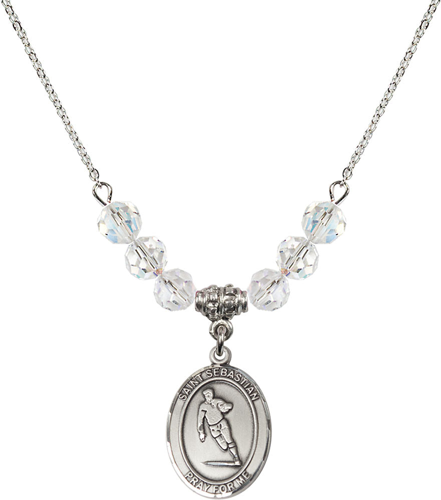 Sterling Silver Saint Sebastian / Rugby Birthstone Necklace with Crystal Beads - 8187