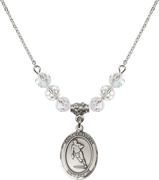 Sterling Silver Saint Sebastian / Rugby Birthstone Necklace with Crystal Beads - 8187