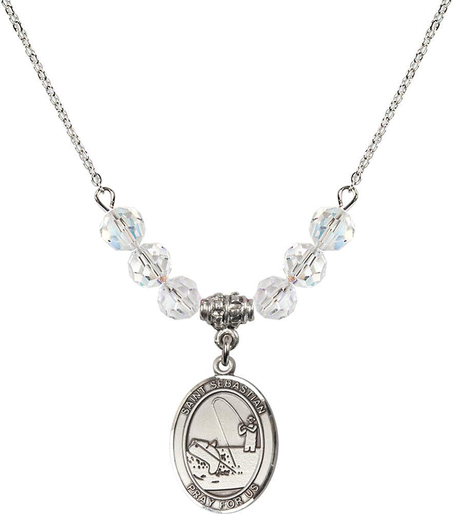 Sterling Silver Saint Sebastian / Fishing Birthstone Necklace with Crystal Beads - 8188