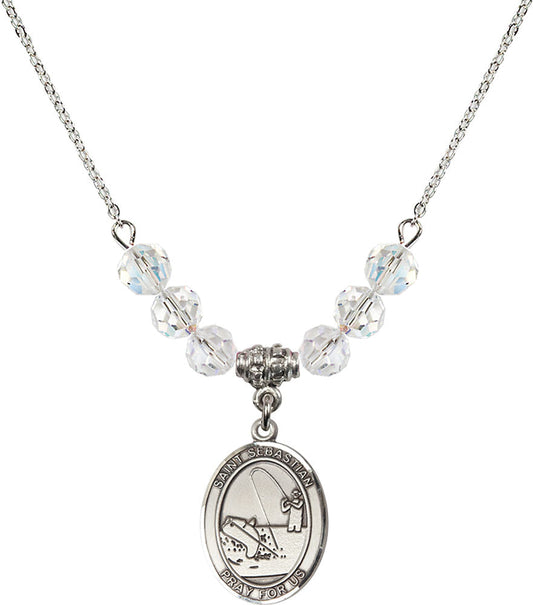 Sterling Silver Saint Sebastian / Fishing Birthstone Necklace with Crystal Beads - 8188