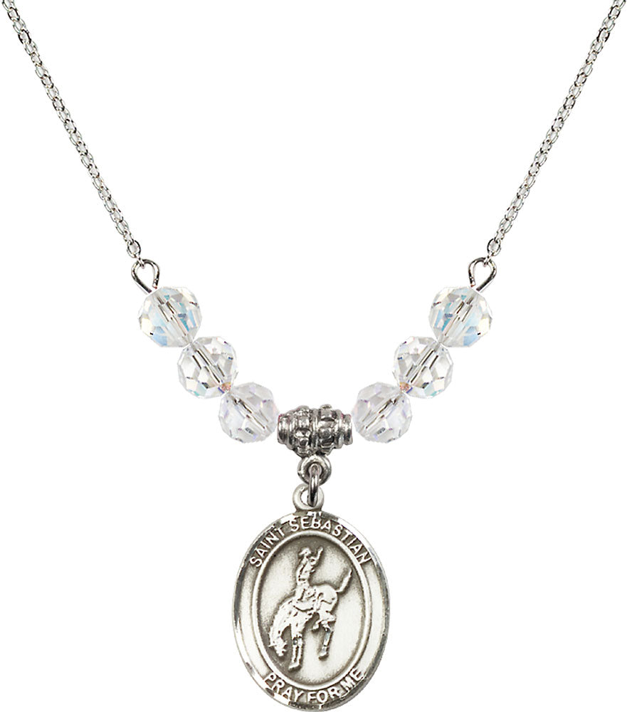Sterling Silver Saint Sebastian / Rodeo Birthstone Necklace with Crystal Beads - 8191