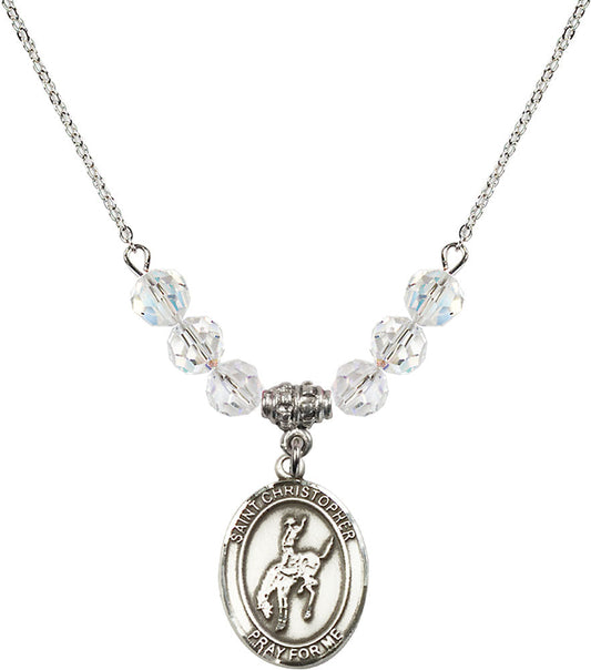Sterling Silver Saint Christopher / Rodeo Birthstone Necklace with Crystal Beads - 8192