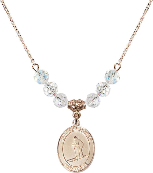 14kt Gold Filled Saint Christopher / Skiing Birthstone Necklace with Crystal Beads - 8193