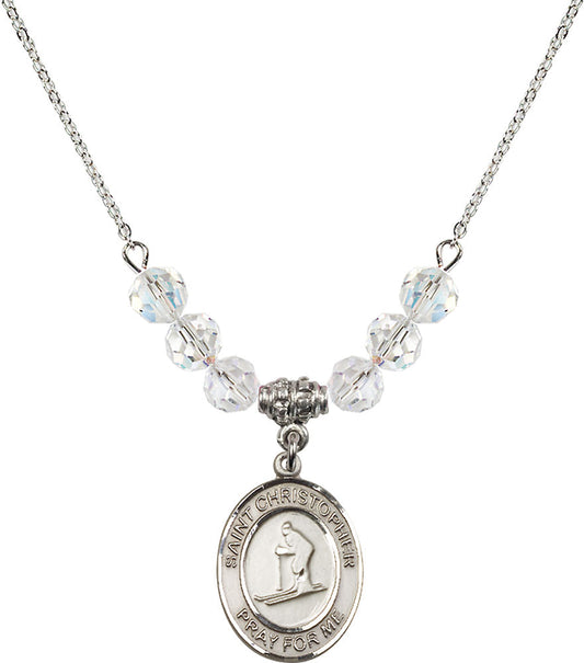 Sterling Silver Saint Christopher / Skiing Birthstone Necklace with Crystal Beads - 8193