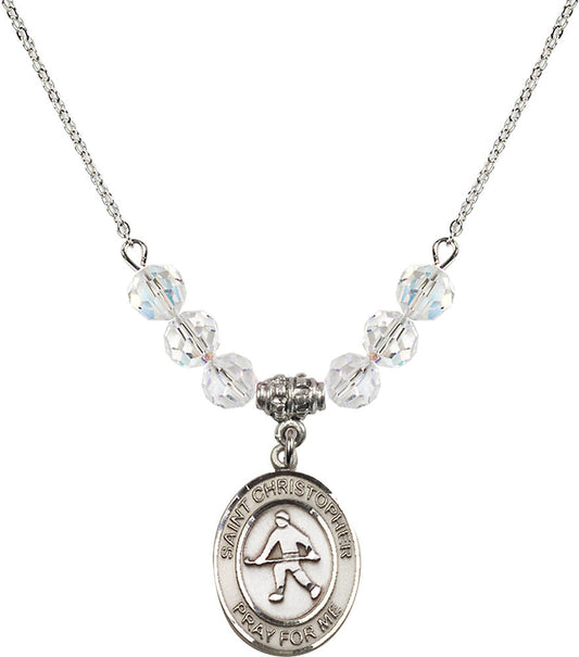 Sterling Silver Saint Christopher / Field Hockey Birthstone Necklace with Crystal Beads - 8195