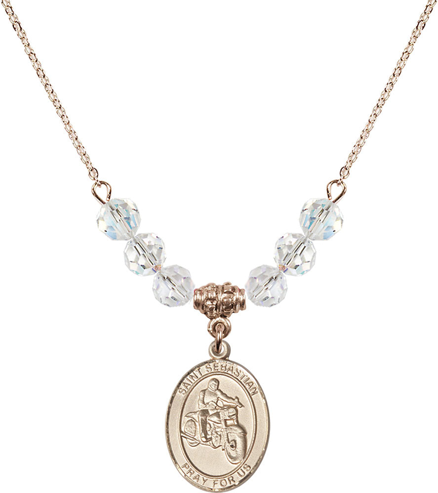 14kt Gold Filled Saint Sebastian / Motorcycle Birthstone Necklace with Crystal Beads - 8197