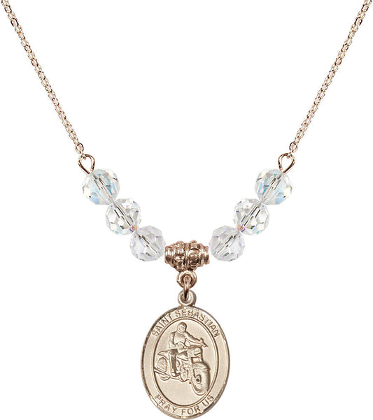 14kt Gold Filled Saint Sebastian / Motorcycle Birthstone Necklace with Crystal Beads - 8197