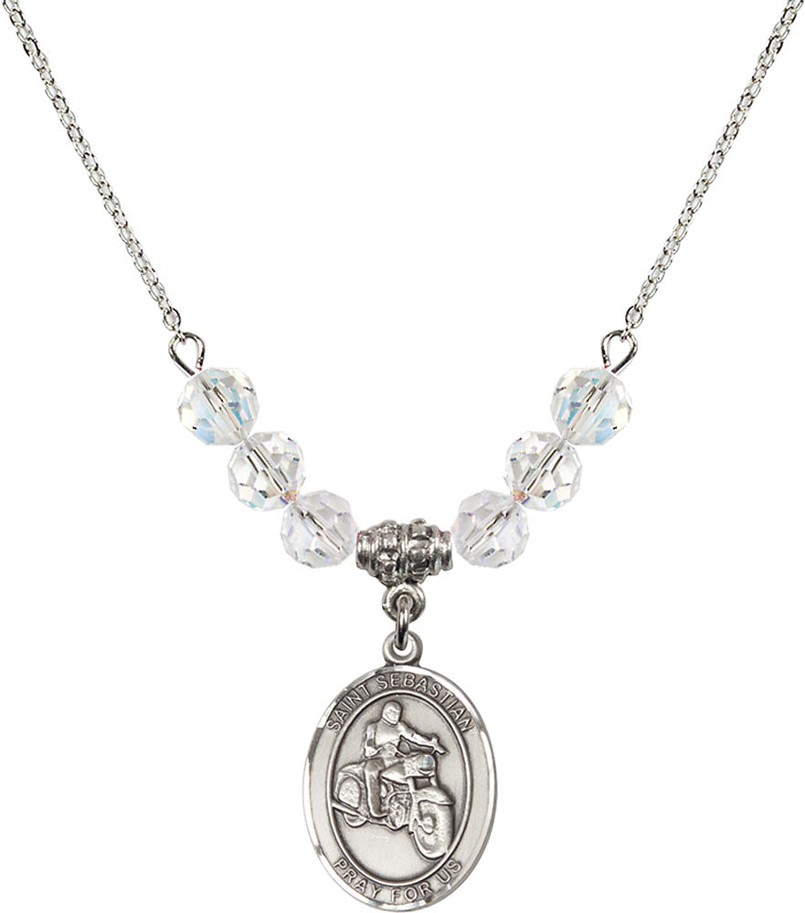 Sterling Silver Saint Sebastian / Motorcycle Birthstone Necklace with Crystal Beads - 8197