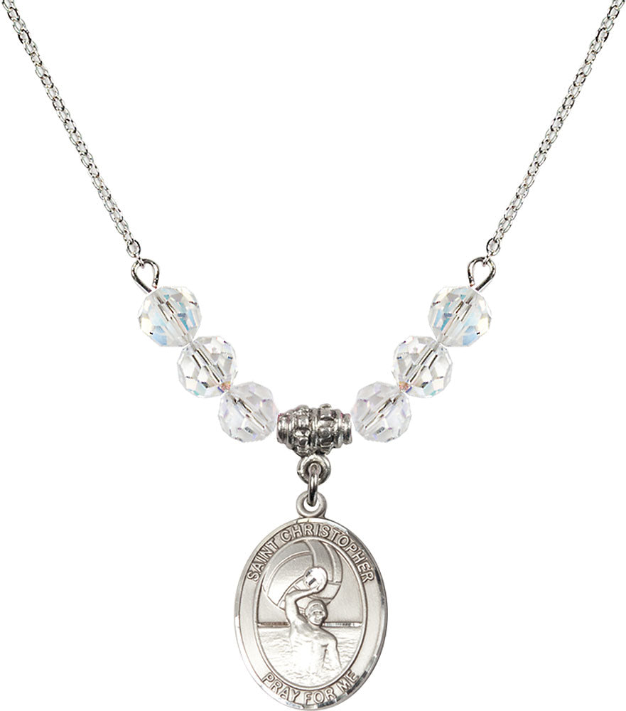 Sterling Silver Saint Christopher/Water Polo-Men Birthstone Necklace with Crystal Beads - 8198