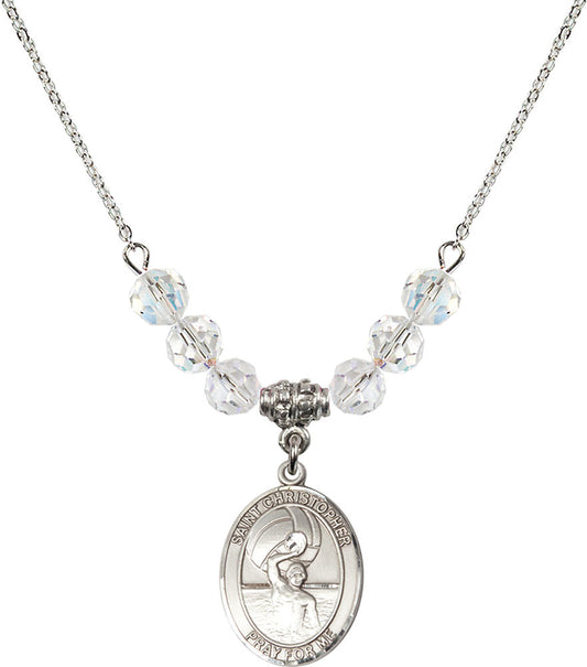 Sterling Silver Saint Christopher/Water Polo-Men Birthstone Necklace with Crystal Beads - 8198