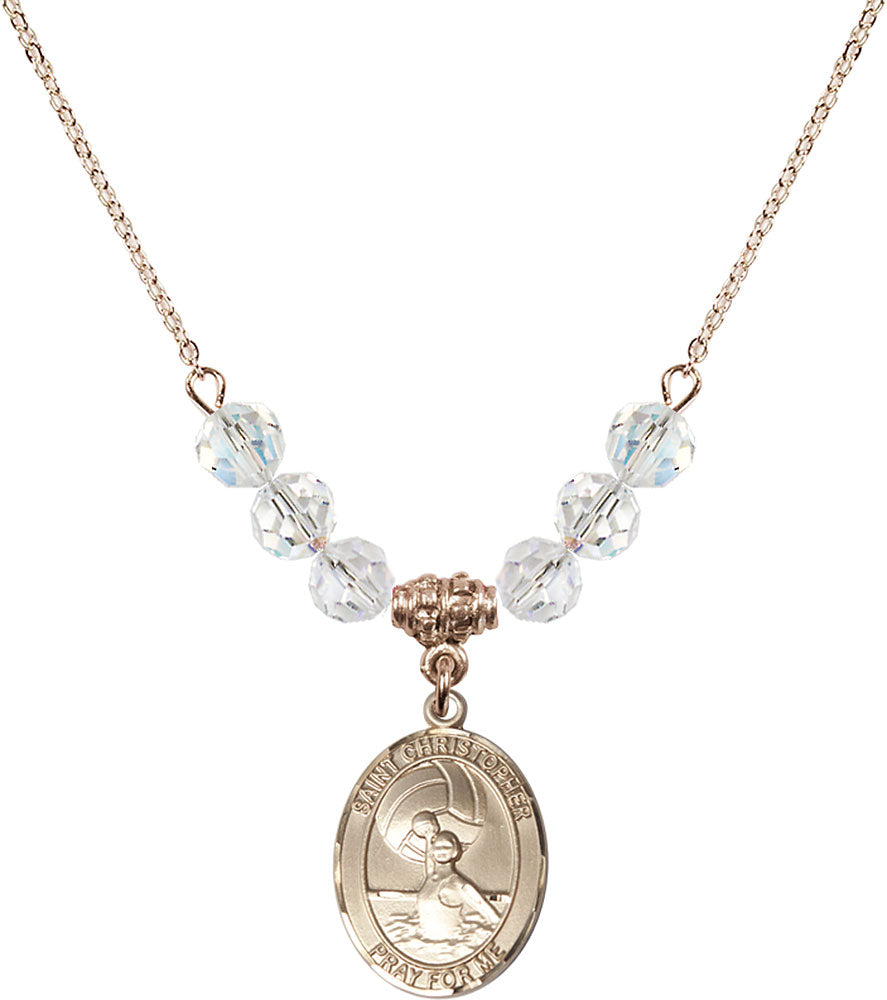 14kt Gold Filled Saint Christopher/Water Polo-Women Birthstone Necklace with Crystal Beads - 8199